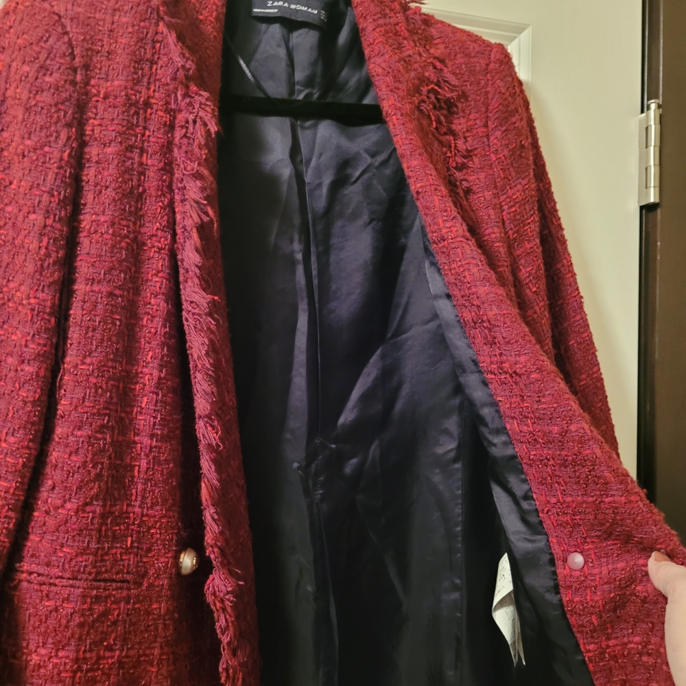 Zara Blogger Favorite Burgundy Red Frayed Tweed Boucle Jacket Size S - Picture 14 of 15